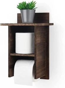 Soporte de papel higiénico de madera con estante de almacenamiento montaje en pared toallero para baño - Imagen 1 de 7