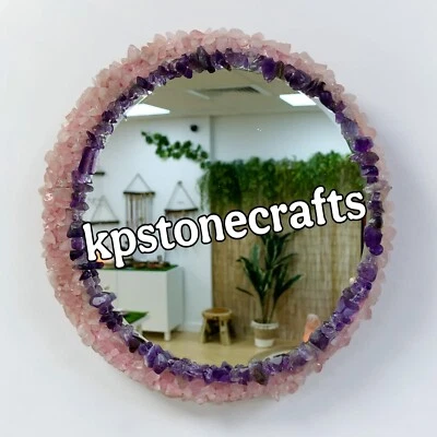 Rose Quartz & Amethyst Gemstone Mirror – 12"x12" Round | Handmade Crystal Mirror - Image 1 of 4