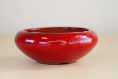 Japanese Bonsai Pot Tokoname EIMEI φ3.5"(8.8cm) Red Glazed Round Y695 - Image 1 of 4