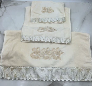 VTG Frenchtex Bath Towel Set Decorative Off White Lace Embroidered Cotton - Picture 1 of 17
