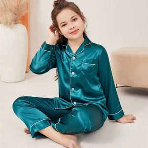 New Kids Boys Girls Silk Pajamas Long Sleeve Satin PJs Sets Nightwear Sleepwear - Picture 1 of 83
