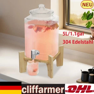 Neu Wasser Saft Glas Getränkespender Klar Holzfarbe 5L/1.1gal Fassungsvermögen - Bild 1 von 17