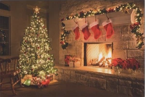 Christmas New 2023 Image Card 4"x6" B1948 Fireplace Flames Lit Christmas Tree - Picture 1 of 2