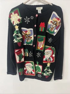 Yarnworks Rudolph w Bells Santa Tree UGLY Christmas Sweater Cardigan Gr. M Knopf - Bild 1 von 9