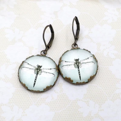 Vintage Style Dragonfly Glass Cabochon Earrings, Insect Lover Jewelry Gift - Image 1 of 4
