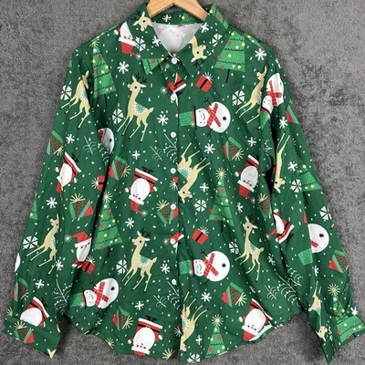 Blusa Navidad Abotonada Papá Noel Muñeco de Nieve Reno Verde Talla Grande XXL Manga Larga Foto 1 de 4