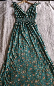 Seven Islands Green Teal Floral Tan Sleeveless Maxi Dress Womens Size XL Sparkle - Picture 1 of 24