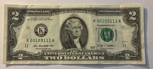 2009 $2 Dollar Note: Trinary, Low, Prime #, Quad / Tripple Serial # 00109111 - Picture 1 of 2
