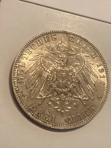 German State Bavaria 1911-D Silver 3 Marks UNC - Picture 1 of 6