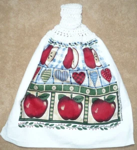 1 Häkelspitze hängendes Küchentuch Äpfel Herzen Knöpfe, volles weißes Garn - Bild 1 von 1