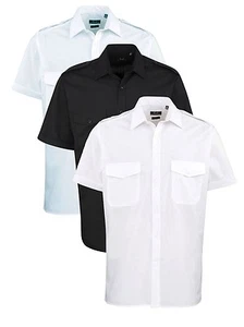 BLACK BLUE or WHITE Easy Iron Short Sleeve Pilot Shirt with Epaulette tabs - Picture 1 of 7