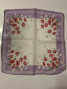 Vintage Hankie Hanky Handkerchief w/Lavender Border Red Floral - Picture 1 of 13