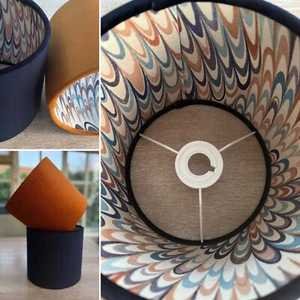 Paralume lampada velluto arancione bruciato blu navy foderato stile retrò motivo piuma tessuto - Foto 1 di 17