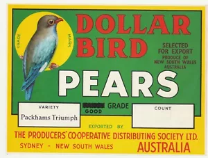 VINTAGE FRUIT BOX LABELS , BEAUTIFUL , DOLLAR BIRD PEARS , SYDNEY NSW , 1955 - Foto 1 di 1