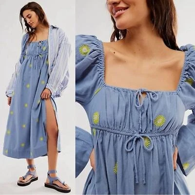 Maxi Vestido Free People Emory Bordado Lino Midi Azul Mediano Bohemio Pradera Foto 1 de 4