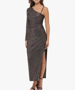 GUESS ONE SLEEVE HIGH SLIT BRONZE STRIPED FOIL KNIT DRESS WOMEN'S SIZE 16 - Picture 1 of 5