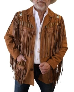 Chaqueta de hombre de montaña con flecos de gamuza hecha a mano con cuentas de piel de ciervo de los nativos americanos - Imagen 1 de 4