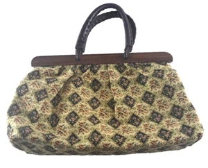 Tapestry Carpet Bag Purse Handbag Wood Leather Handle Yellow Floral 9x16 - Picture 1 of 7