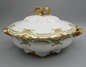 Haviland Round Covered Vegetable - Red Flowers/Green Ribbon - Schleiger 789A - Picture 1 of 7
