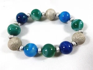 Brazalete Estirado Natural Ágata y Plata Tono Redondo Azul y Verde Cuentas - Imagen 1 de 3