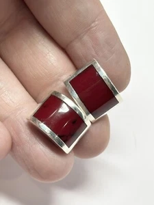 Sterling Silver 925 Red Jasper Inlay Black Veined Dome Post Back Earrings - Picture 1 of 6