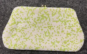 1950's Japan White/green Beaded Marchioness Purse Beading-Cotton-Bakelite Frame - Picture 1 of 3