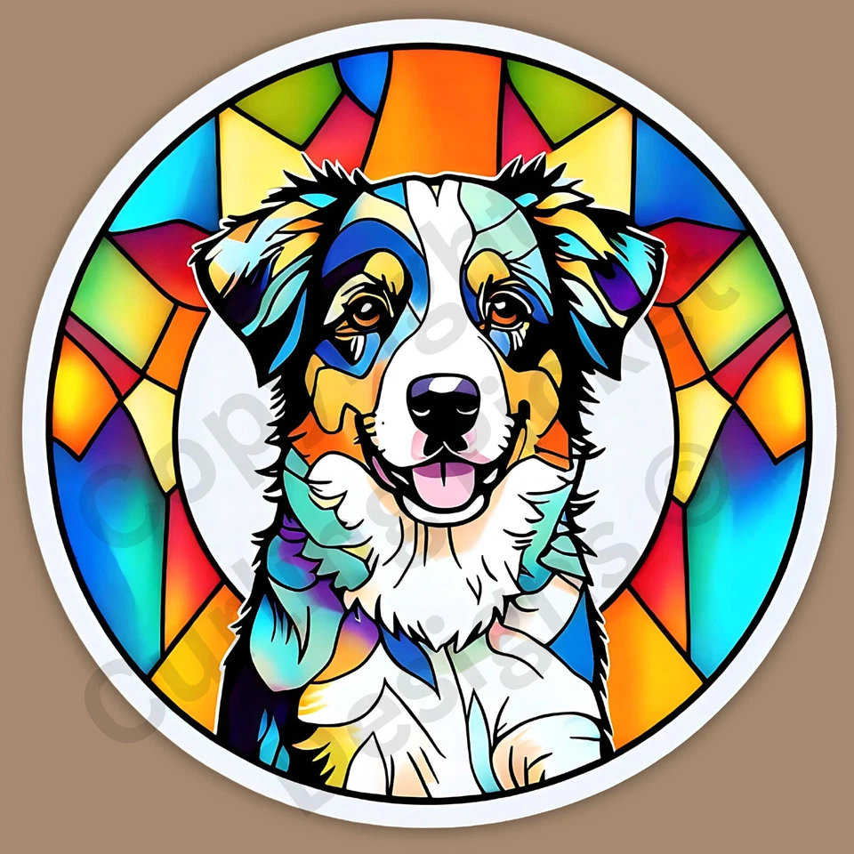 Stained Glass Style  Australian Shepherd Breed Dog Mosaic 3" Vinyl Sticker - Image 1 of 1