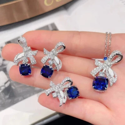 Juego de 3 piezas de gemas de topacio azul real moño moda mujeres collar pendientes anillos Foto 1 de 4