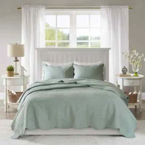MADISON PARK TUSCANY REVERSIBLE SCALLOPED EDGE 3 PCS KING/CALKING COVERLET SET - Picture 1 of 10