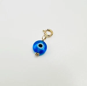 14K Solid Yellow Gold Millefiori Glass 6mm Blue Evil Eye Charm Pendant w/Clasp - Picture 1 of 13