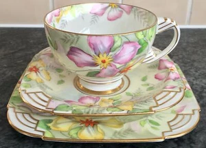 art deco PARAGON period replica QUEEN MARY CLEMATIS patt CUP SAUCER PLATE TRIO - Picture 1 of 10