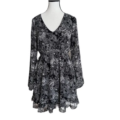 Whimsygoth Babydoll Mini Dress Black White Paisley Size L Vneck Long Sleeve NWT - Image 1 of 4