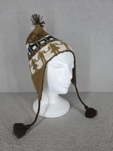 Cappello lana peruviano marrone lavorato a maglia tessuto alpaca motivo pompon piccolo patta orecchie nappa - Foto 1 di 7