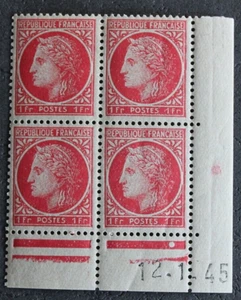 Bloc de 4 timbres - FRANCE - Neuf** - Coin daté - YT676 - 1945 - Picture 1 of 1