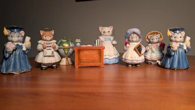 Kitty Cucumber Figurines Lot of 8 Schmid School Days Cats 1987-1990 Miss Fish - Image 1 of 4