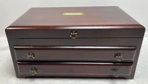 REED & BARTON EUREKA 3-TIER 15" MAHOGANY FINISH WOOD JEWELRY BOX BRASS 3 TIERS - Picture 1 of 16