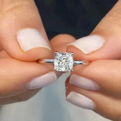 2CT Cushion-Cut Moissanite Solitaire Engagement Ring 14K White Gold Plated - Image 1 of 4