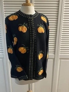 Vintage The Quacker Factory Halloween Pumpkin Patch Fall Cardigan Sweater Medium - Picture 1 of 7