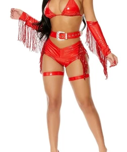 NEW Foreplay Woman Sexy Red Shinny Outfit Costume Set Bikini Bottom Arms Garter - Picture 1 of 21