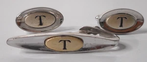 Juego de barras de corbata de gemelos Shields T tono plateado con monograma tono dorado T medio de colección - Imagen 1 de 14