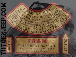 DECALCOMANIE POSE A L EAU FILTRE A HUILE FRAM 08/44 . jeep WILLYS us ww2 - Imagen 1 de 1