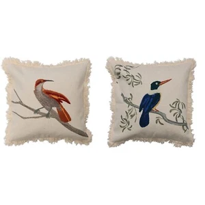 Set of 2 Bird on Branch Cotton Pillows 18 in Square Kingfisher Blue Rust Natural - Picture 1 of 11
