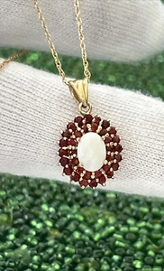 Vtg. 10K Solid Yellow Gold Opal & Garnet Crystal Pendant Chain Necklace 17.5” - Picture 1 of 8