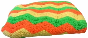 Vtg 80's Knit Crochet Chevron Orange Green Yellow Blanket Sofa Throw 70 X 108 - Picture 1 of 4