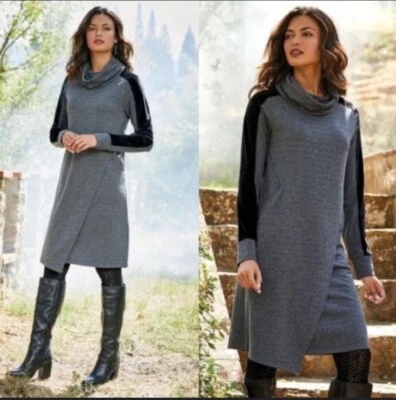 Soft Surroundings Large Moderne Knit Dress Cowl Neck Herringbone Gray Black - Image 1 of 4