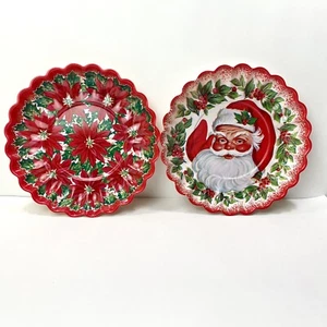 Vtg Christmas Cookie Bowl/Tray Set 2: Santa & Poinsettias Plastic 10” Scalloped - Picture 1 of 5