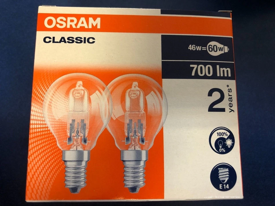 2X OSRAM CLASSIC 64543 P HALOGEN Tropfen 46W=60W DIMBAR 230V E14 Glühlampe - Bild 1 von 1