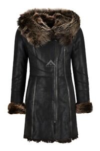 Ladies Toscana Coat Black Winter 3/4 Long Jacket Shearling Sheepskin Coat K11211