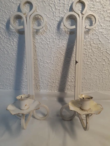 WI Barn Find Antique Vintage White Wrought Iron Candleholders Sconces 13" Long Cover