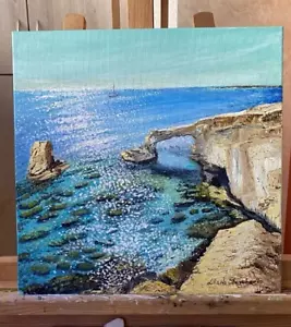 Original Oil Painting Stretched Canvas Seascape colorful wall art 20x20 Inches - Picture 1 of 2